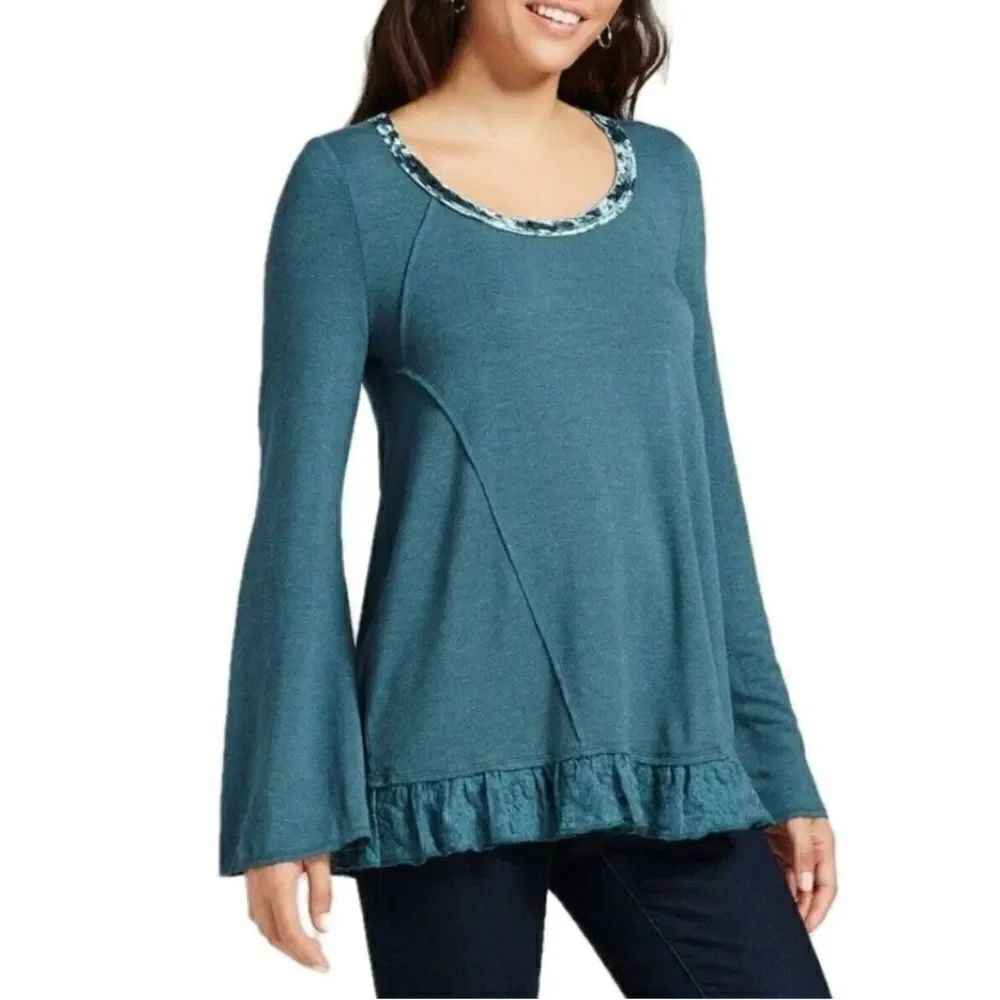 Knox Rose Lace Twofer Knit Top With Velvet Trim Teal Size L